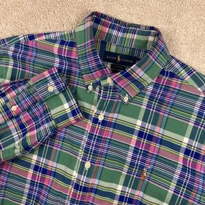 Ralph Lauren Mens L Button Down Shirt Green Pink Blue Madras Plaid Classic Fit